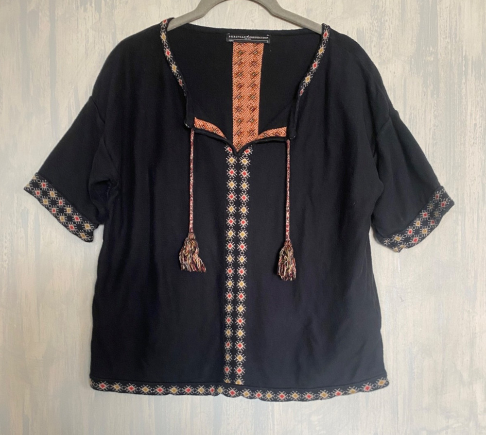 PERUVIAN CONNECTION Vintage Pima Cotton Short Sleeve Sweater Top S Black Ethnic